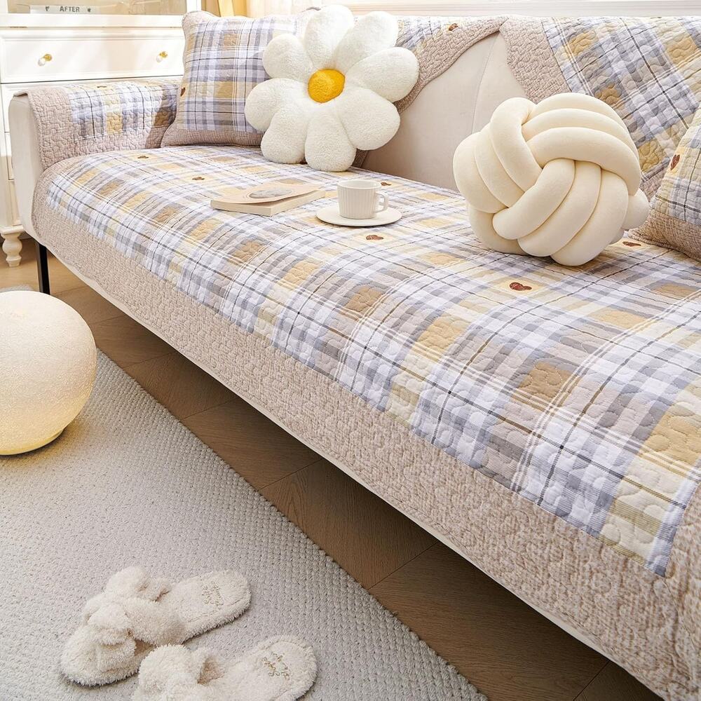vctops Farmhouse Buffalo Check Plaid Cotton Sofa Couch Cover Patchwork Quilted